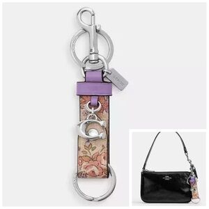 NWT Coach Trigger Snap Key Ring Bag Charm Purple and Floral Print